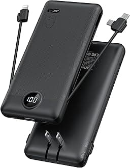 - Portable Charger,Power Bank Built-in Cables and AC Wall Plug,VRURC USB C Portable Bank 10000mAh,Travel Essentials Phone Charger Compact Lightweight External Battery Pack for Smart Phones,Tablets-Black