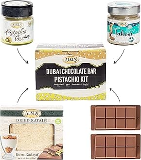 Dubai Chocolate Bar Pistachio Kit Bundle with 4 items : Pistachio Cream, Kataifi, Tahini, Silicone Chocolate Bar Molds