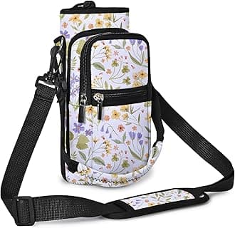 AUPET Water Bottle Sling Bag Sleeve Holder Carrier 25/32/40/64 oz,Insulated Crossbody Water Bottle Case Cover with Strap and Pockets for Men/Women Walking Hiking (Pressed Flower Art, 25oz)