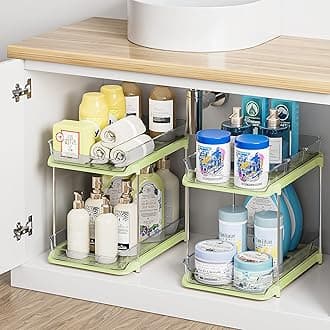 Delamu 2-Tier Multi-Purpose Bathroom Under Sink Organizers and Storage, Stackable Kitchen Pantry Organization, Pull Out Medicine Cabinet Organizer with Movable Dividers, Green, 2 Pack