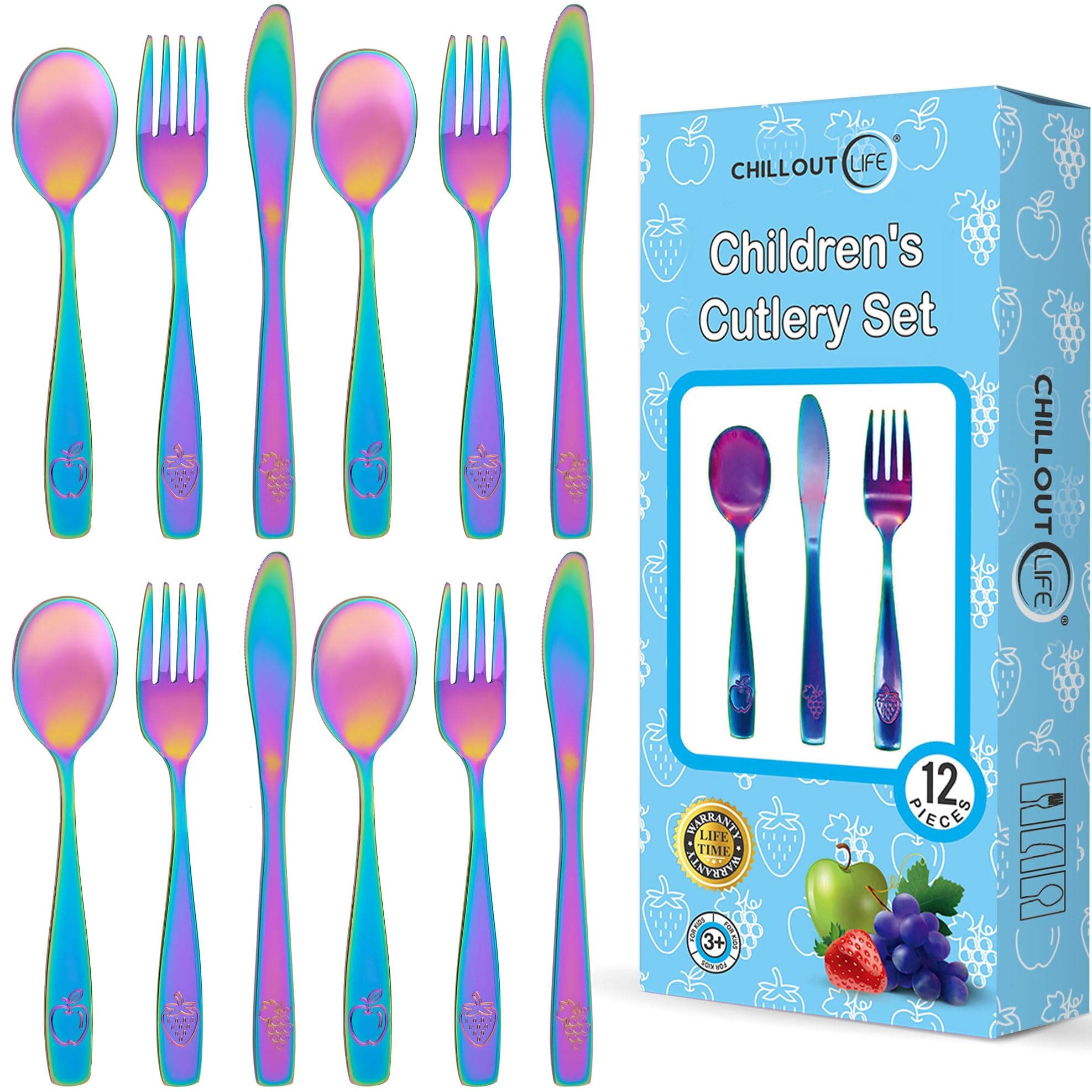 12 Piece Stainless Steel Kids Silverware Set - Rainbow