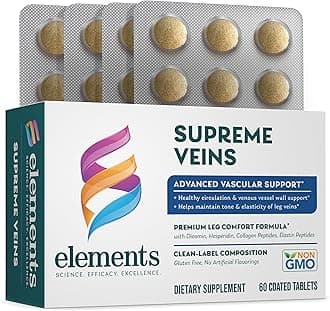 Elements Supreme Veins - Dietary Supplement, Supports Healthy Circulation and Elasticity in Leg Veins with Diosmin, Hesperidin, 60 Tablets (60 Servings)