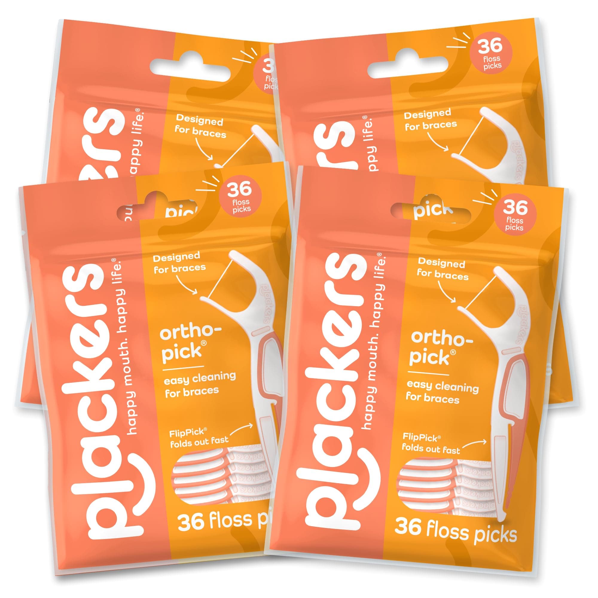 Plackers Orthopick Floss Picks, Unflavored, Designed for Braces, Fold-Out FlipPick, Tuffloss, Easy Storage with Sure-Zip Seal, 36 Count (4 Pack)