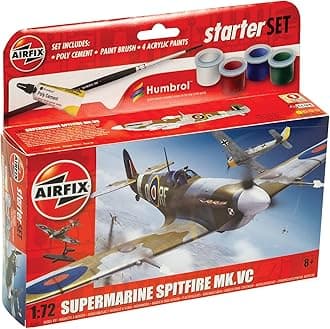Starter Set - A55001 Supermarine Spitfire MkVc Model Building Kit - Plastic Model Plane Kits for Adults & Children 8+, Set Includes Decals, Paints, Brushes & Poly Cement - 1:72 Scale Model