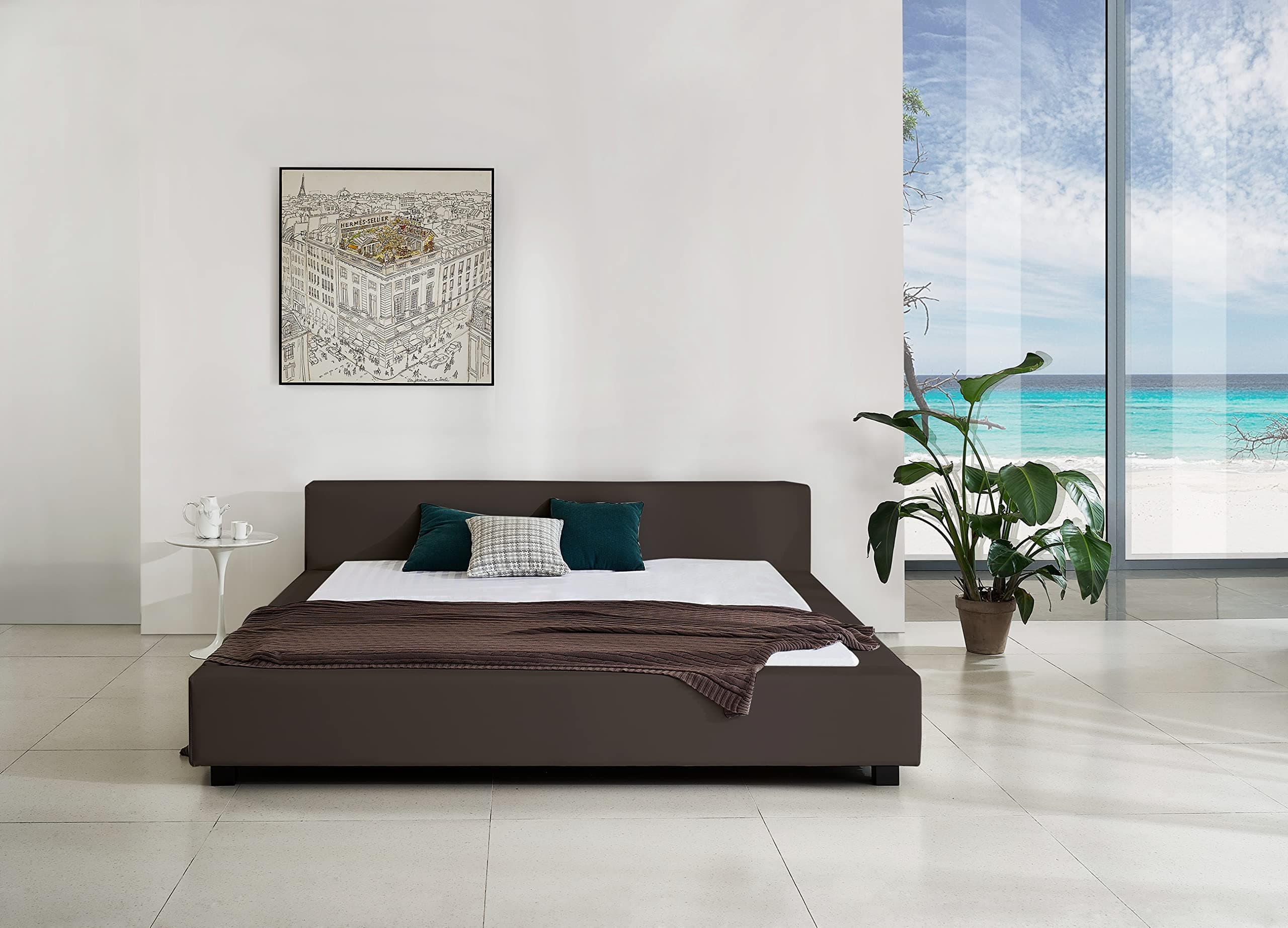 Classic Symmetrical Bed, Eastern King Size Bed Frame,Dark Brown