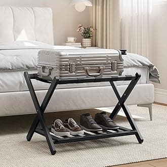Smart FENDEE Fully Assembled Black Luggage Rack, Suitcase Stand with Shoe Shelf, Folding Wooden Luggage Stand for Guest Room, Bedroom, Hotel