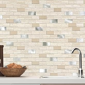 VAOVI 3D Self Adhesive Tiles for Walls,Kitchen Stick on Splashback Tiles Splash Wall Panels for Bathroom Mosaic Brick Waterproof(5Tiles,Beige)