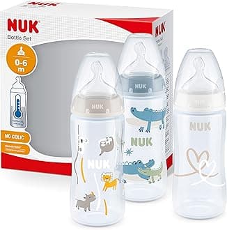 NUK First Choice+ Baby Bottles Set | 0-6 Months | Temperature Control | Anti Colic Vent | 300 ml | BPA-Free | Silicone Teat | 3 Count | Safari