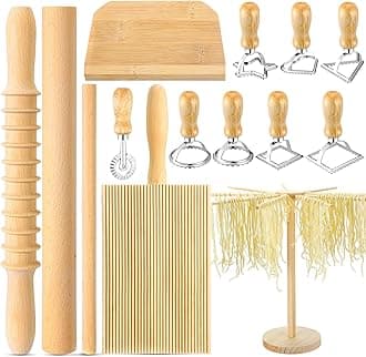 Suclain 14 Pcs Pasta Making Tool Set Includes Wooden Cutter Dough Scraper Rolling Pin Pasta Drying Rack Gnocchi Board Wood with Roller 8 Ravioli Stamp Maker Cutter for Kitchen Noodle (Classic)