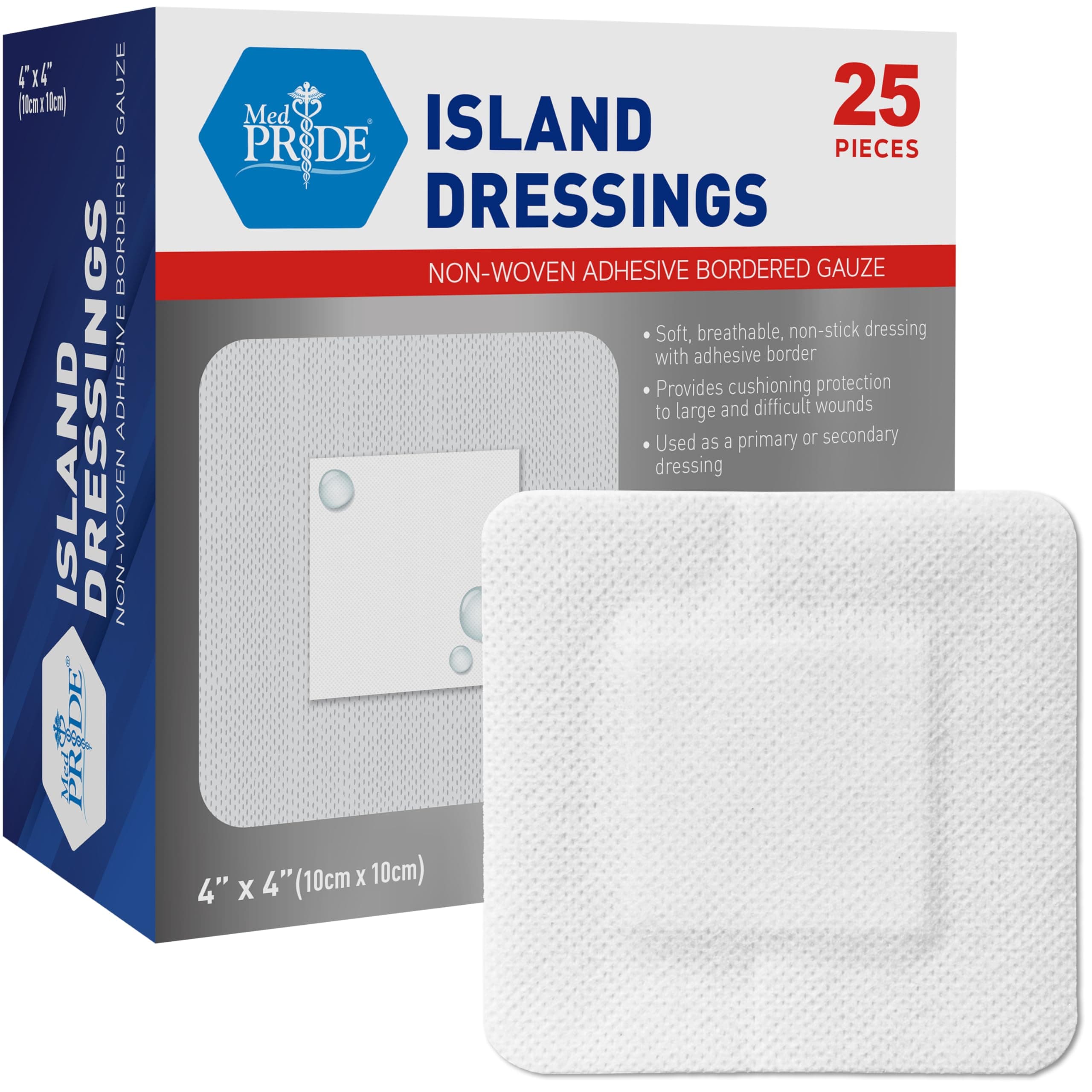 Bordered Gauze-Island Dressing 4'' x 4''| 25 Individually Packed Pouches, Wound Dressing with Adhesive, Breathable Borders, Sterile & Highly Absorbent, Latex & Rubber-Free