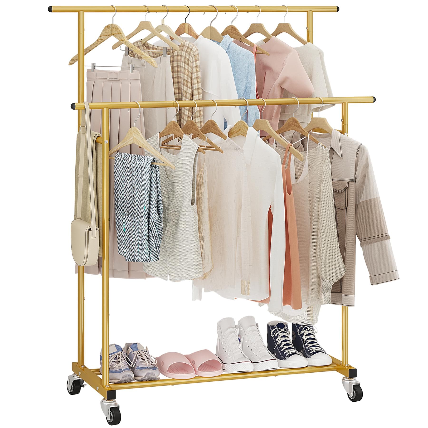 Calmootey Double Rod Clothing Garment Rack,Rolling Hanging Clothes Rack,Portable Clothes Organizer for Bedroom,Living Room,Clothing Store,Gold
