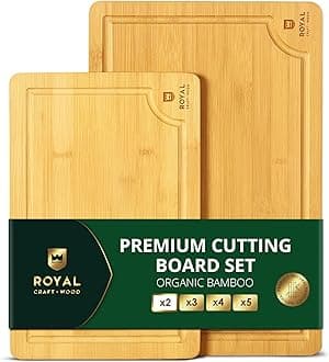 ROYAL CRAFT WOOD Wooden Cutting Boards for Kitchen Meal Prep & Serving - Bamboo Wood Serving Board Set with Deep Juice Groove Side Handles - Charcuterie & Chopping Butcher Block for Meat