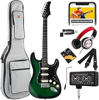 Best Choice Products Beginner HSS Electric Guitar Kit w/Headphone Amp, Padded Gig-Bag, Headphones, Guitar Strap - Green Flametop/Black