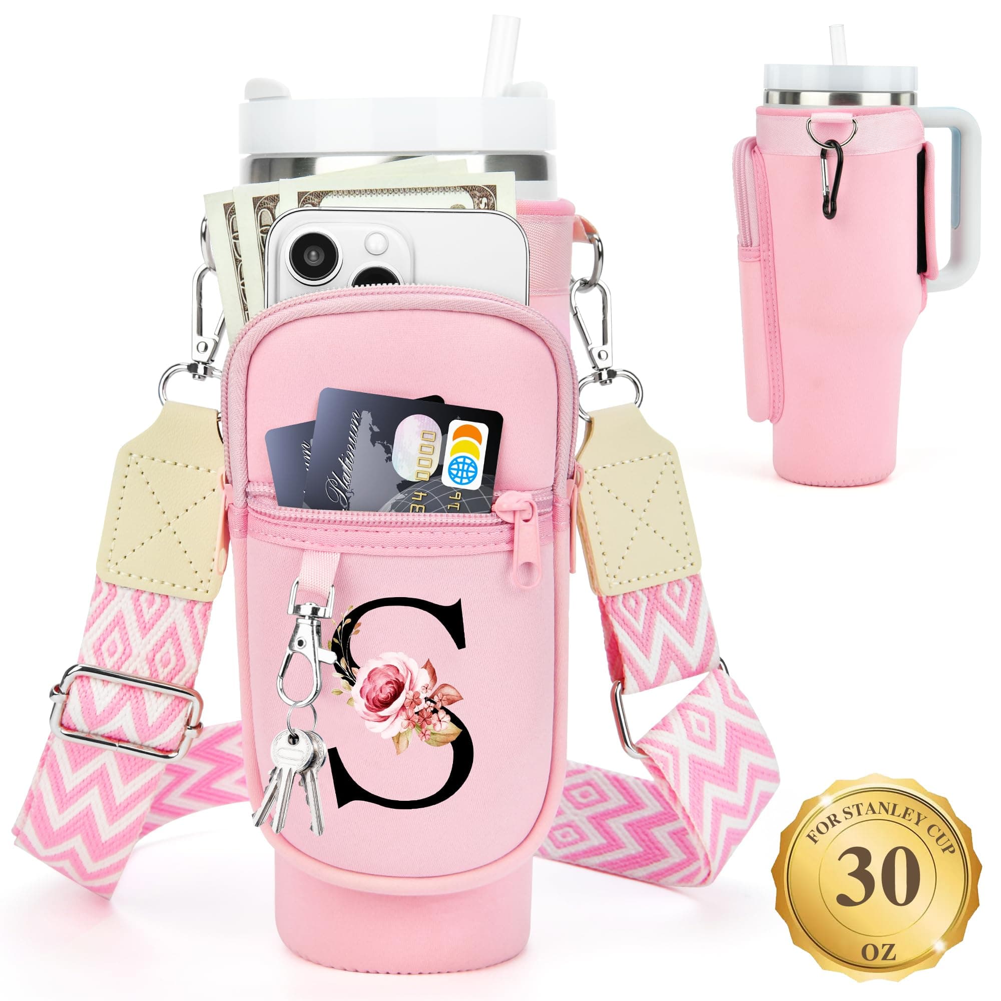 LOKASS Personalized for Stanley Cup Accessories 30oz, Initial Stanley Cup Holder with Strap, Cup Carrier Bag Water Bottle Holder with Phone Pocket Gifts for Women, Girls, Mom Travel, Walking,Work