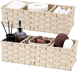 GRANNY SAYS Bathroom Baskets for Organizing, Wicker Basket for Storage, Wicker Baskets for Shelves, Waterproof Back of Toilet Storage Basket, 3 Section Bathroom Organizer Basket, 2-Pack