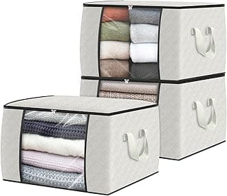 3 Pack Clothes Storage, Foldable Thick Fabric Blanket Storage Bags, Containers for Organizing Bedroom, Closet, Clothing, Comforter, Organization with Handle,Ivory White