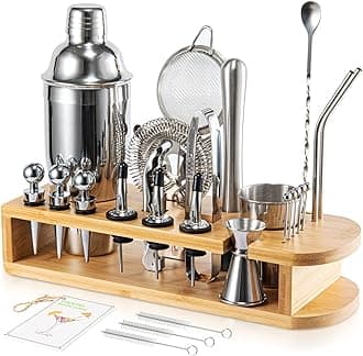 Cocktail Shaker Set, 26-Piece Premium Mixology Bartender Kit - 18/8 Stainless Steel Bar Set with Bamboo Stand - Includes Mixing Tin, Hawthorne & Mesh Strainer - Professional Gift for Men