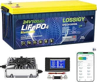 LOSSIGY 24V 100AH Trolling Motor Lithium Battery with 15A LiFePO4 Charger, IP65 Prefect for RV Marine Solar, Built in 100A Bluetooth BMS, Peak Current 400A(3-5s), 10 Yrs Lifespan