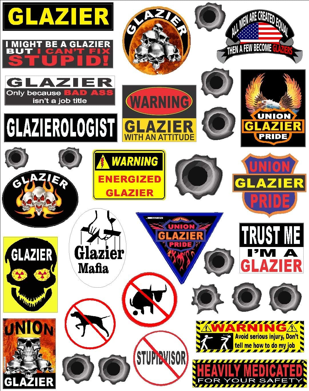 Hard hat Stickers, Glazier 34 Sticker Pack