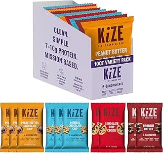 KiZE Energy Bars - Best Sellers Variety Pack - Gluten Free, Dairy Free Options, Non-GMO, and High Protein Meal Replacement Energy Bars, Clean and Simple Food Ingredients - 7-10g High Protein Snacks, (10 Count)