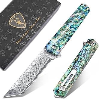 AUBEY Damascus Pocket Knife with Clip, Sharp Tanto Blade with VG10 Core Folding Knife with Abalone Shell Handle and Glass Breaker, EDC Camping Knife for Gift Survival Collection