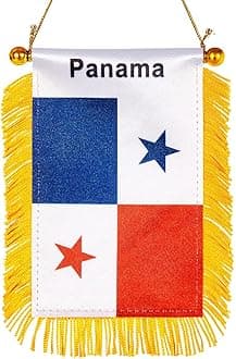 WXTWK 3 X 5 Inch Panama Flag Panamanian Window Hanging Flag Small Mini Car Flags Banners Rearview Mirror Decoration With Suction Cup Golden Fringy Banner