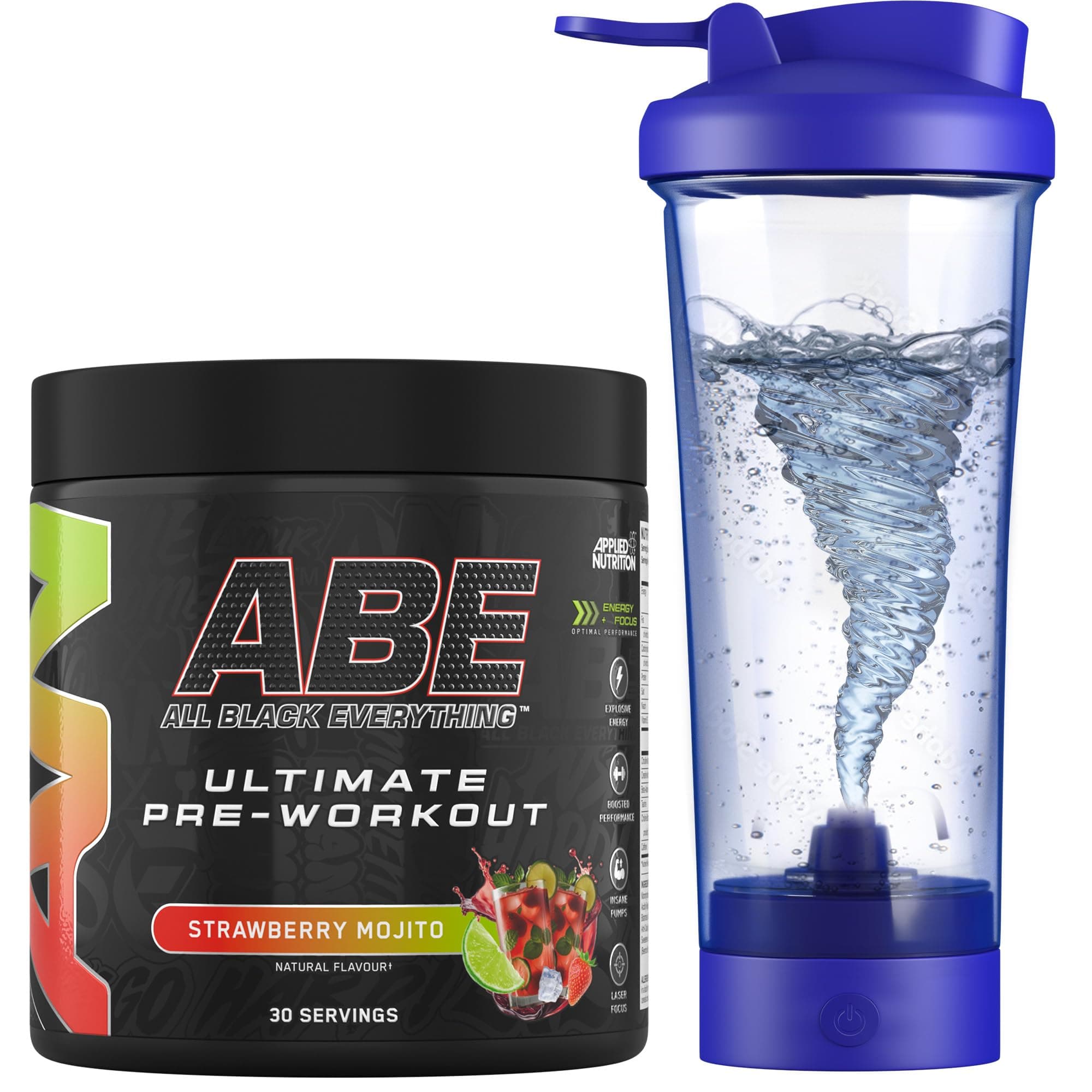 Bundle ABE Pre Workout 375g + Electric Shaker | All Black Everything Pre Workout Powder, Energy Drink, Physical Performance, Creatine, Beta Alanine, Caffeine (Strawberry Mojito)