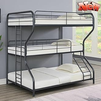 New Upgrade & Stronger Metal Triple Bunk Bed, Heavy Duty Steel 3 Bed Bunk Beds with Ladder & Guardrail for Kids Adults Teens Boys, No Box Spring Need, Black (Full Over Twin Over Full Size)