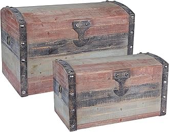 Wooden Storage Trunk Set, Large and Small Domed Chest, Weathered Wood with Paint Finish, Hinged Lid with Metal Accents
