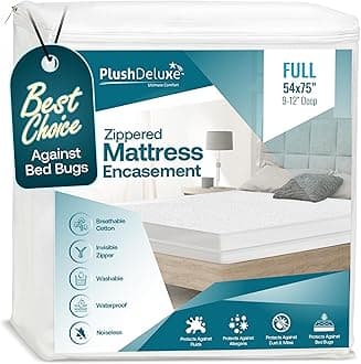 PlushDeluxe Zippered Mattress Encasement, Waterproof, Bed Bug & Dust Mite Proof 6-Sided Protector Cover, (Fits 9-12 Inches H) Full