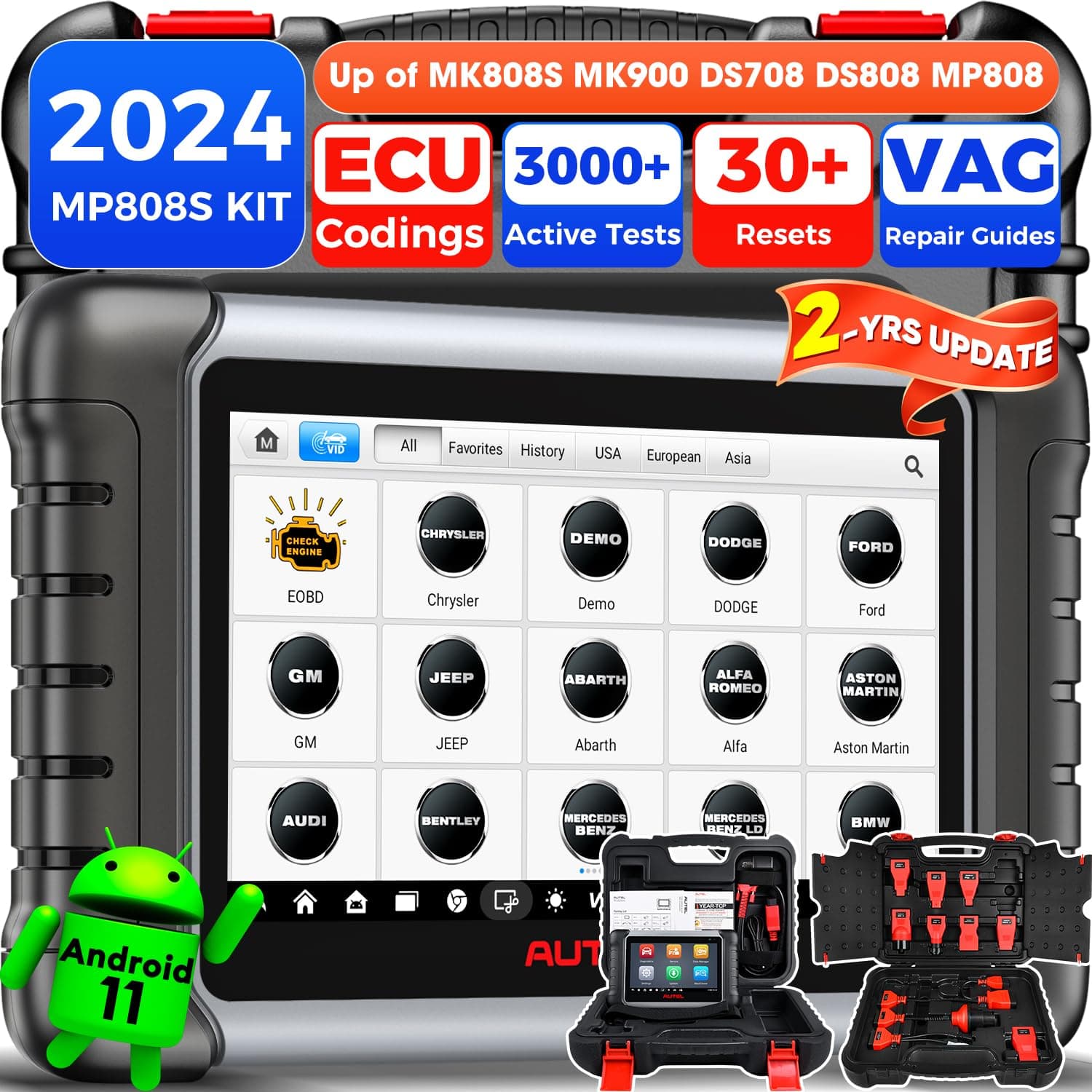 Autel MaxiPRO MP808S KIT Scan Tool [2-Year Update, Full 11 Adapters], 2024 Upgraded of DS808S MS906 MP808K MP808BT, Advanced ECU Coding as MS906 PRO, Full-System Bidirectional 30+ Service Support