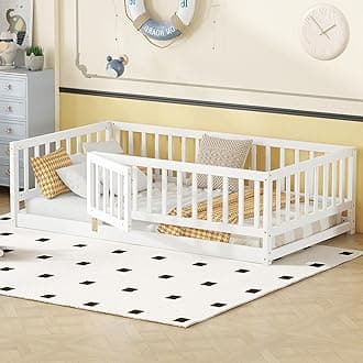 Twin Size Floor Bed with Door and Fence,Montessori Floor Bed with Safety Guardrails,Solid Wood Twin Size Floor Bed Frame for Girls Boys,Kids Montessori Bed Twin Size,White