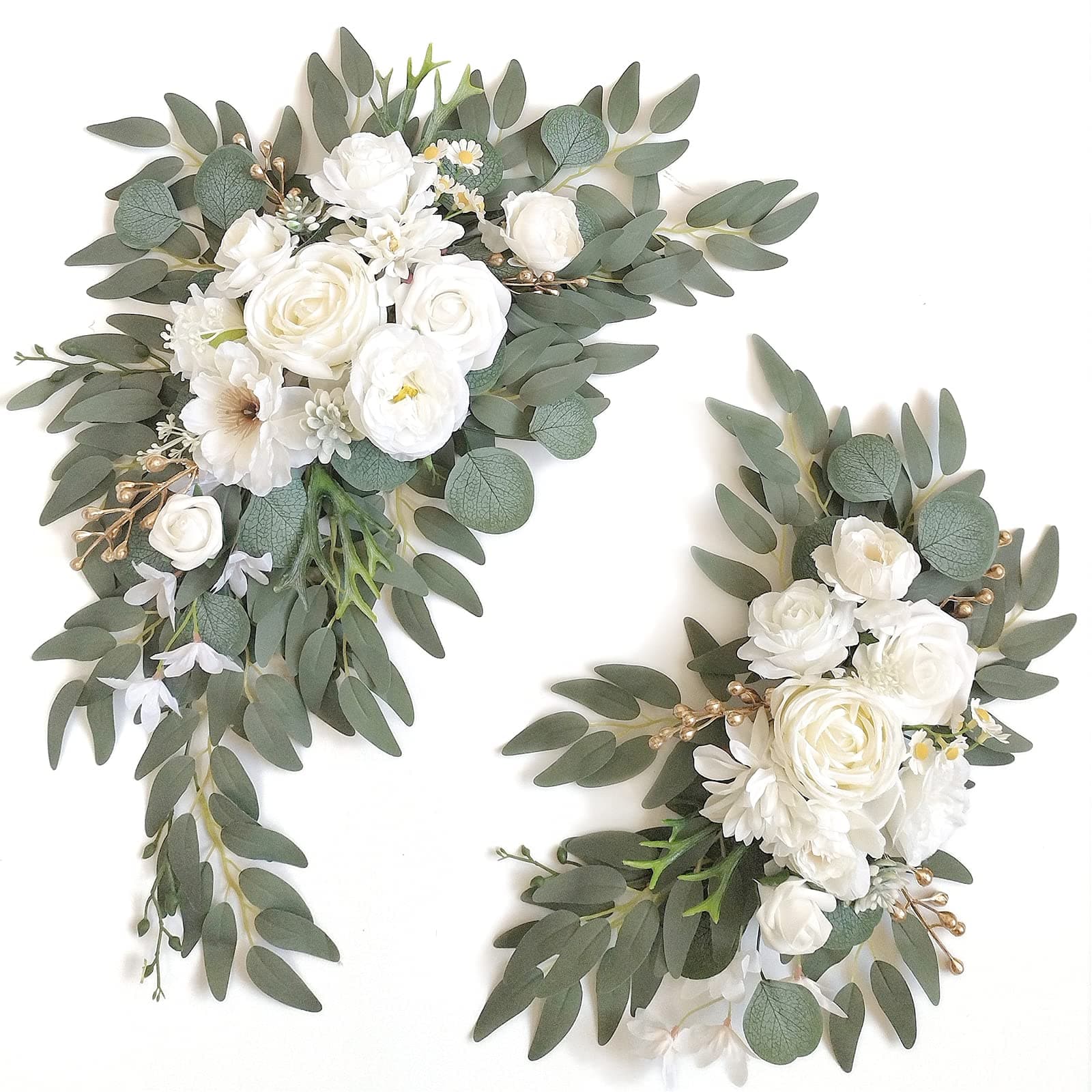 Faux Arch Flower Swag Set of 2 for Wedding Welcome Signs Floral Swag Wedding Reception Ceremony Signs Decor (White)