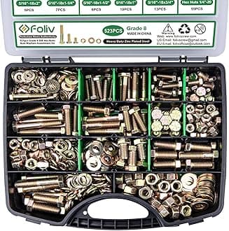 FOLIV 523PCS Grade 8 Bolts and Nuts Assortment Kit, Heavy Duty Nut and Bolt Assortment, 1/4-20 5/16-18 3/8-16 SAE Hex Bolts, Length from 1/2" to 1-1/2"