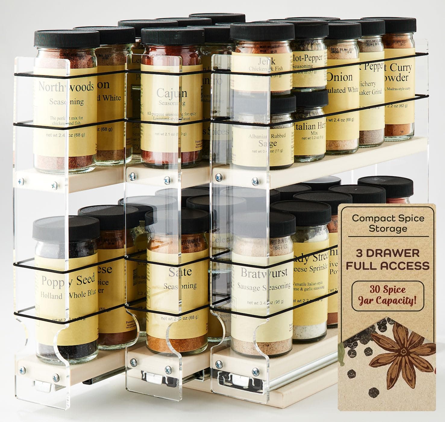 Vertical Spice Cabinet Mounted Spice Rack Drawer - Pull Out Cabinet Organizer - Cupboard Organizers & Storage - Pantry Shelves - 30 Reg. Jars, 3 Drawers, 2 Tiers (6.9" W x 10.75" H x 10.6" D, Cream)