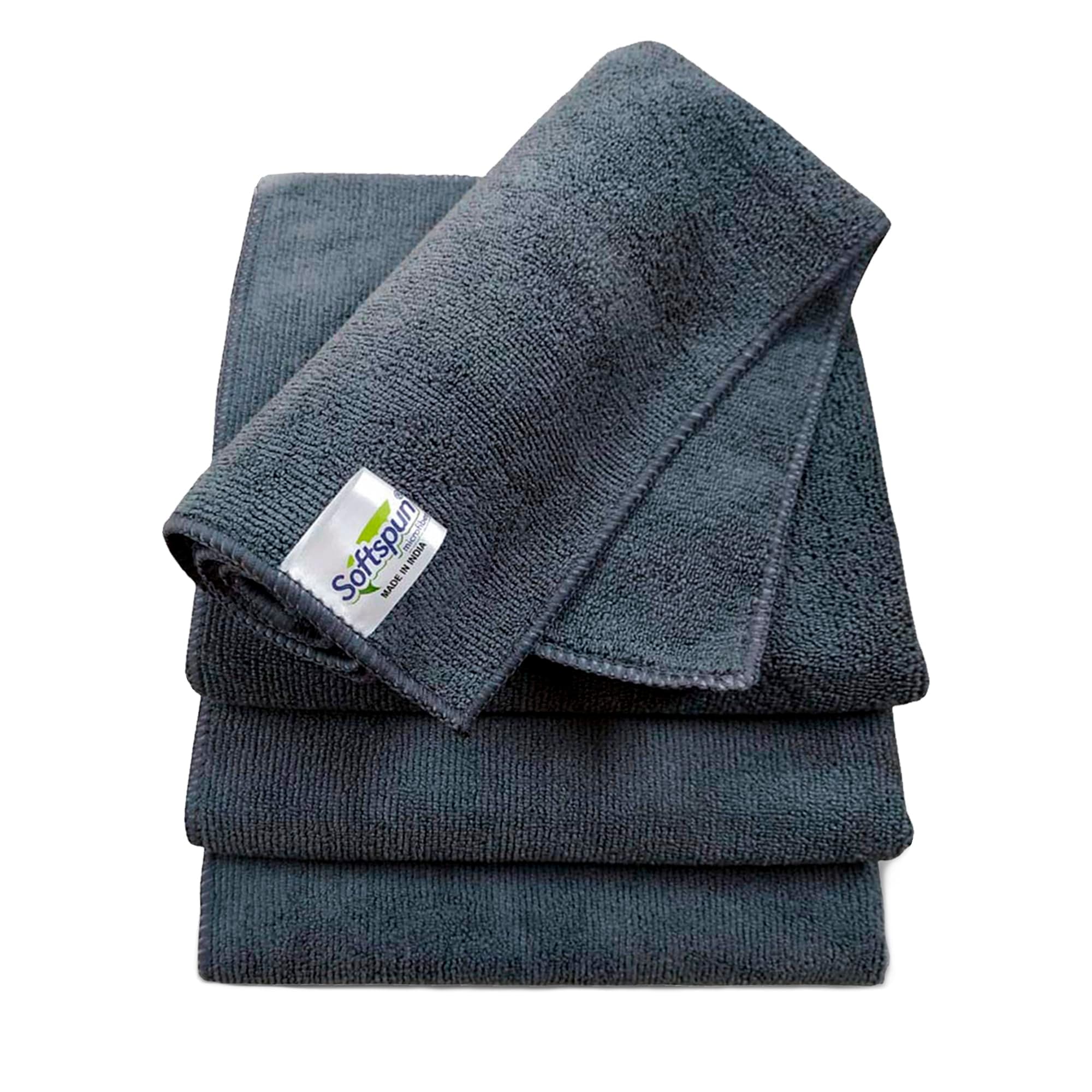 SOFTSPUN Microfiber Cloth - 4 pcs - 40x40 cms - 340 GSM Grey- Thick Lint & Streak-Free Multipurpose Cloths - Automotive Microfibre Towels for Car Bike Cleaning Polishing Washing & Detailing