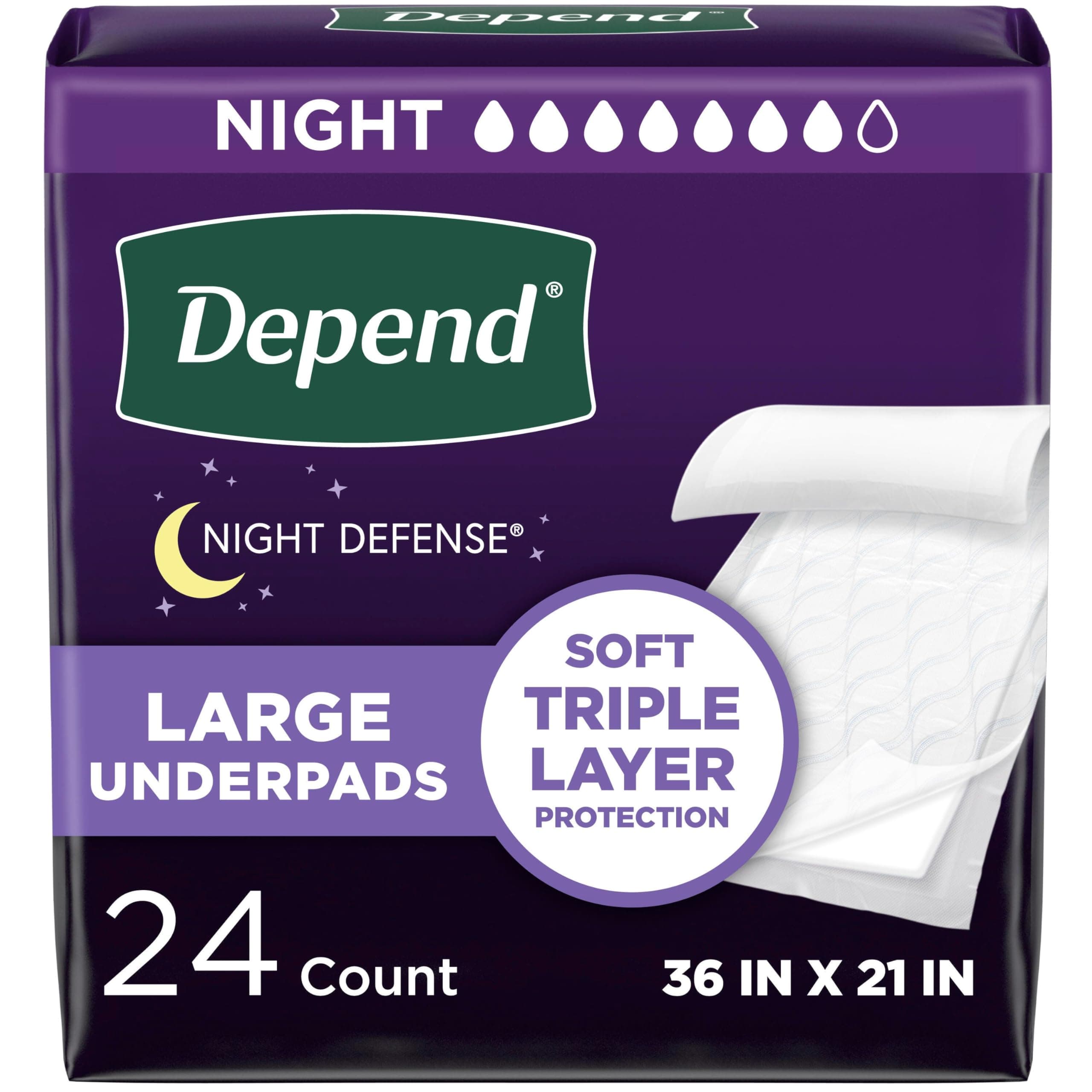 Depend Underpads, Disposable Incontinence Bed Pads for Adults, Slip Resistant, 36"x 21", 24 Count (2 Packs of 12) (Packaging May Vary)