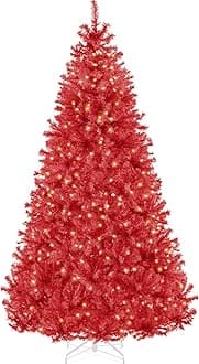 Best Choice Products 9ft Pre-Lit Red Christmas Tree, Full Artificial Holiday Decoration w/ 2,000 Branch Tips, 900 Lights, Foldable Base