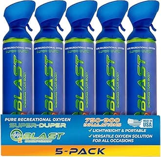 O2 Blast - Portable Oxygen Can, Filled with 99.99% Pure Oxygen in a Can with Breathing Mask for Sports, Travel, and High Altitude Use | On-the-Go Air Support for Hiking and Outdoors – 10L, 5-Pack