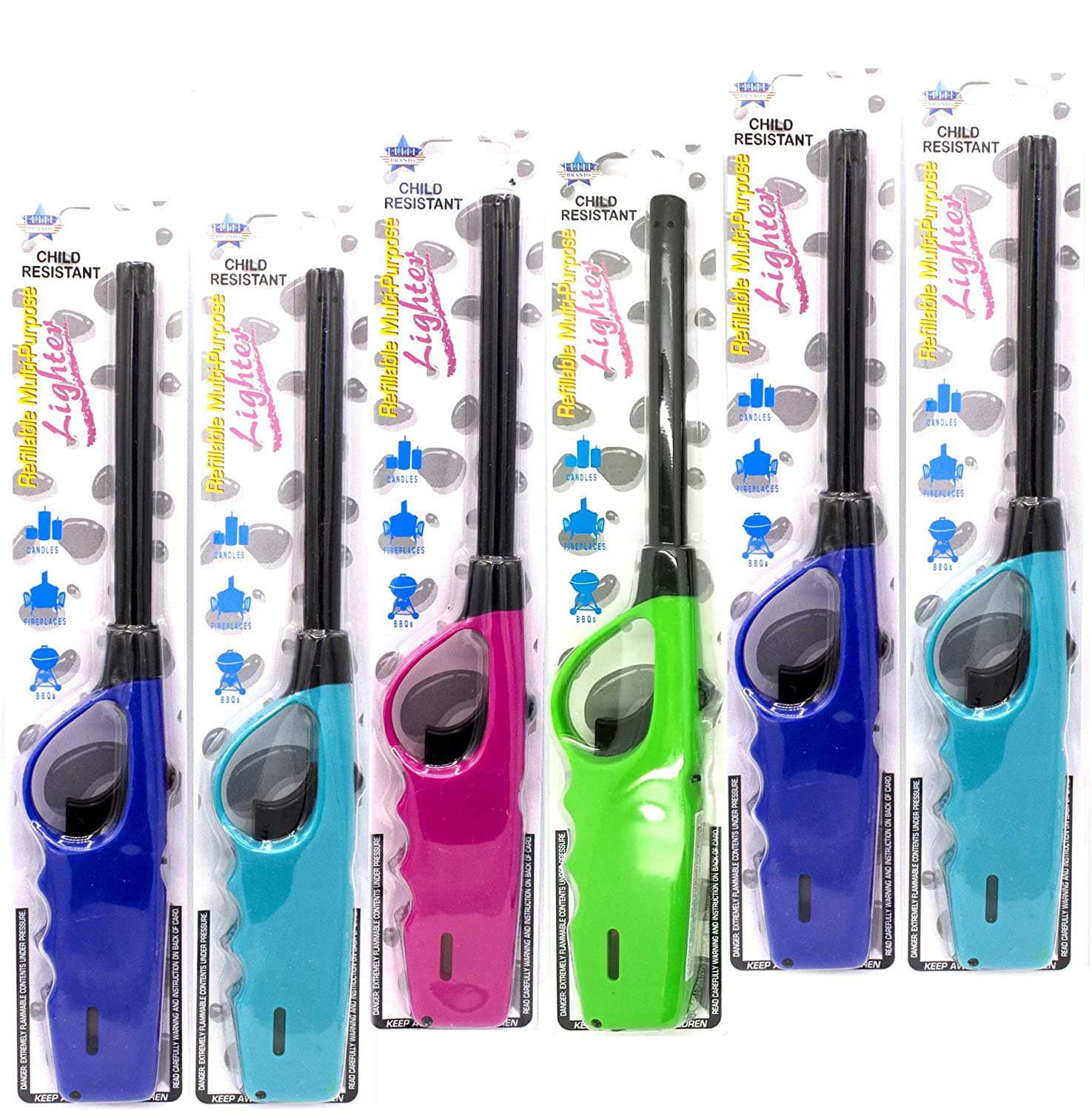 Multipurpose Long Fire Lighters Pack, Refillable Upgrade, Ideal for BBQ Grill Fireplace Gas Stove Campfire, Neon Color Utility Lighter, Value Pack of 6