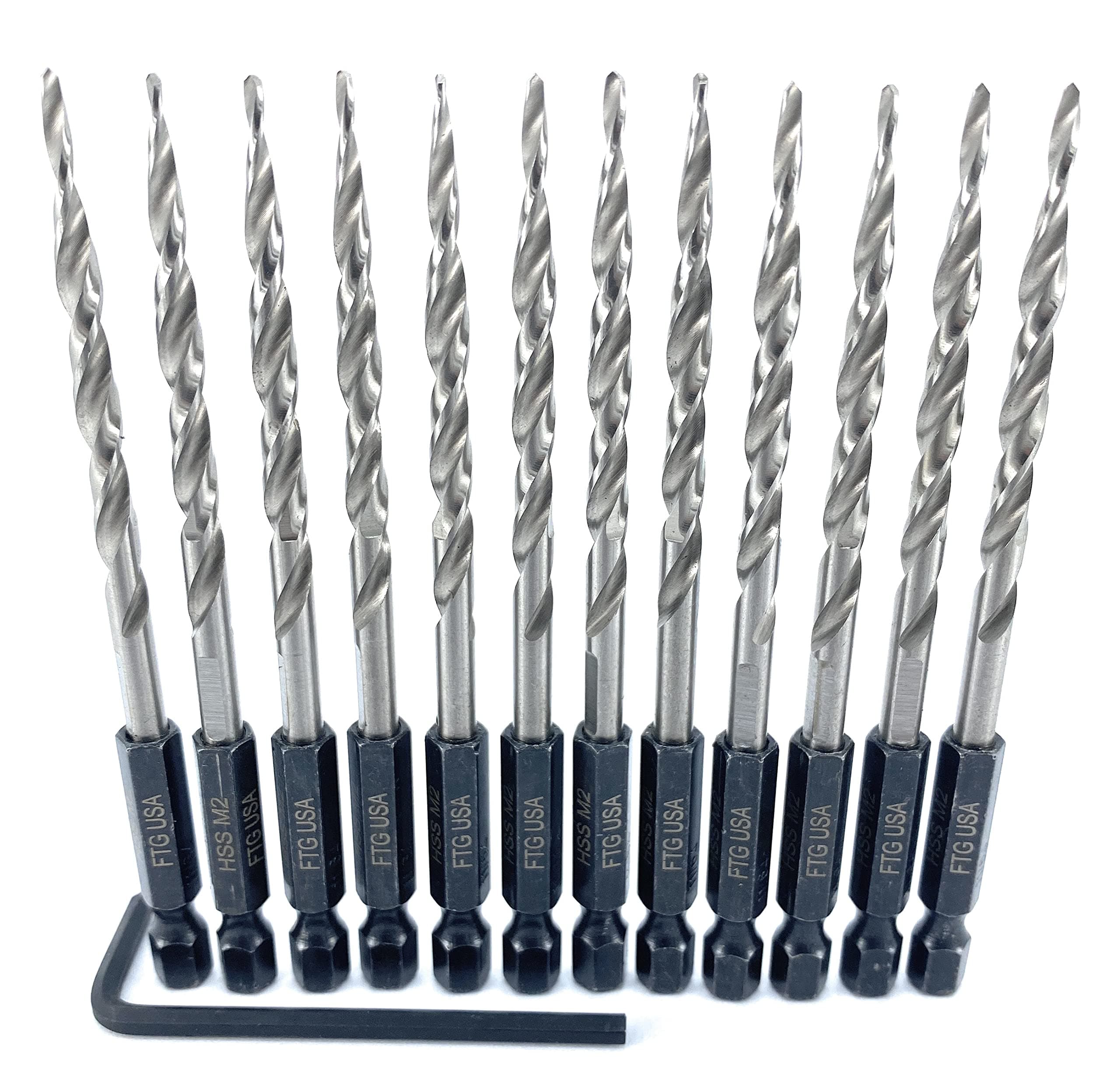 FTG USATapered Drill Bits for Wood 12 Pc #8 (11/64") All Same Size Replacement for FTG Countersink Drill Bit Set