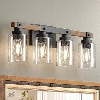 Amico Farmhouse Bathroom Vanity Light Fixtures,Rustic 4-Light Industrial Painted Wood Lights,Vintage Black Wall Sconces Bathroom Vanity Lighting with Bubble Glass Shade
