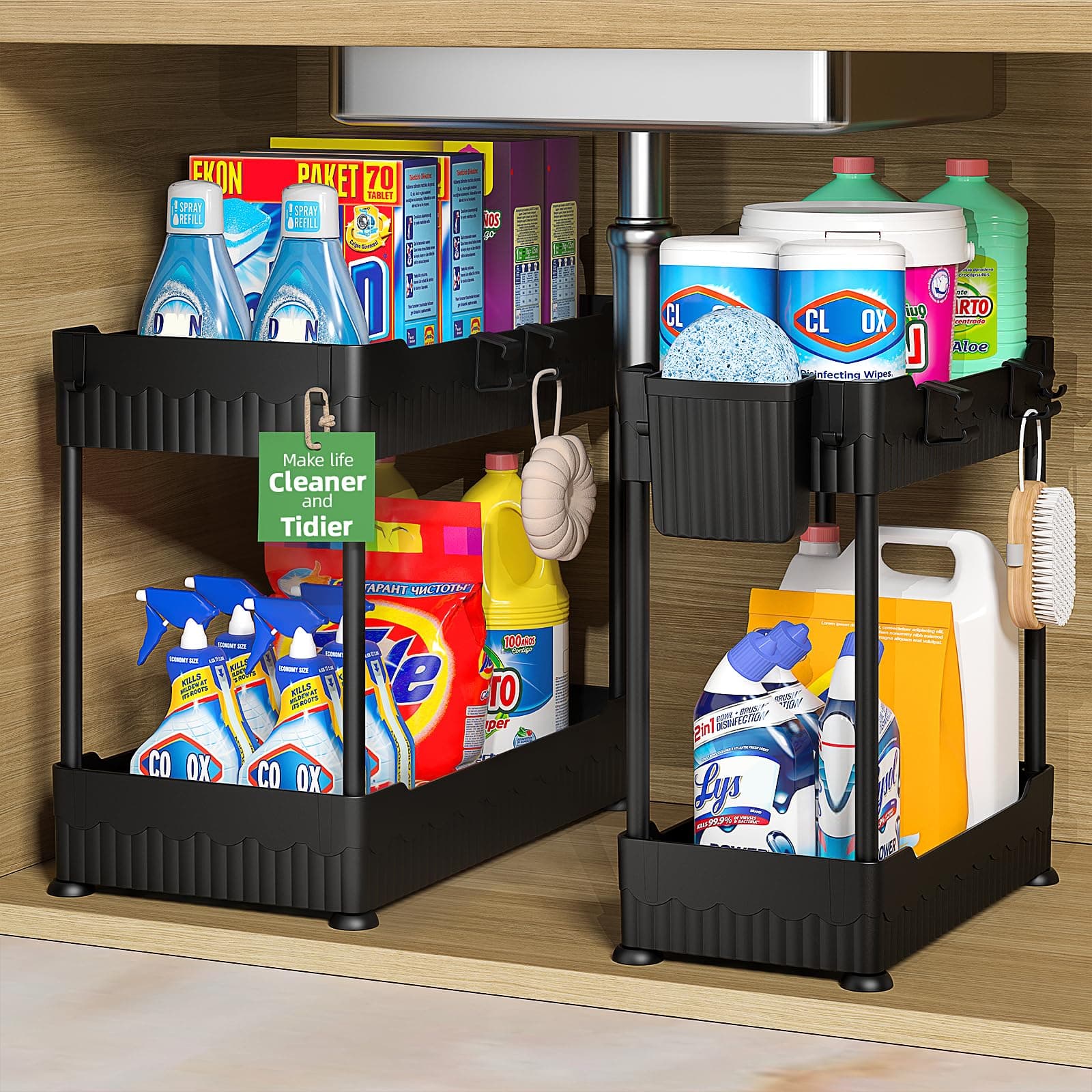 2 Pack Under Sink Organizer, Under Bathroom Cabinet Organizer with Hooks Hanging Cup,Multi-Purpose Storage Shelf for Kitchen Bathroom,Black