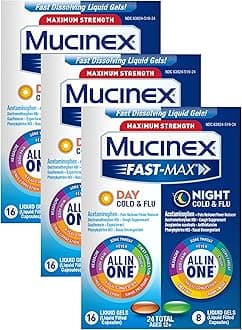 Mucinex Fast-Max Maximum Strength Cold & Flu Day and Night Medicine, All-in-One Multi-Symptom Relief Liquid Gels – 24 Count (16 Day time + 8 Night time) (Packaging May Vary) (Pack of 3)