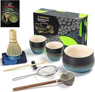 TEANAGOOMatcha Set Matcha Whisk Matcha Bowl with Water Ladle (Hishaku) Matcha Whisk Holder Tea Making Kit.Japanese Tea Set(7pcs)+2Cups(5.6oz)+1Cermaic Spoons,S23,Gradient Navy Black,Nice Packing