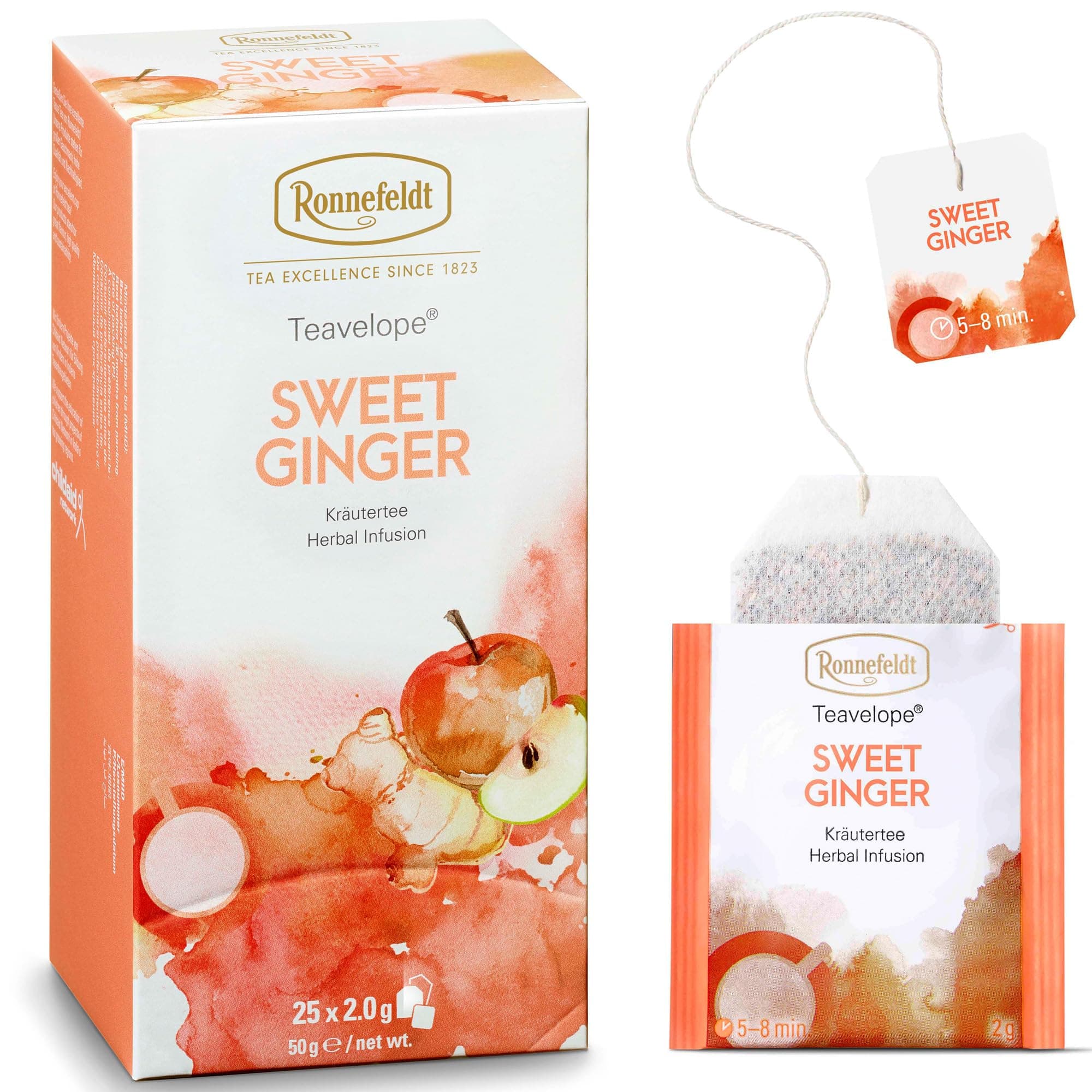 Ronnefeldt Teavelope Sweet Ginger – Herbal Infusion – Fruit Tea with White Hibiscus and Ginger – 25 Tea Bags – Caffeine Free Individually Wrapped