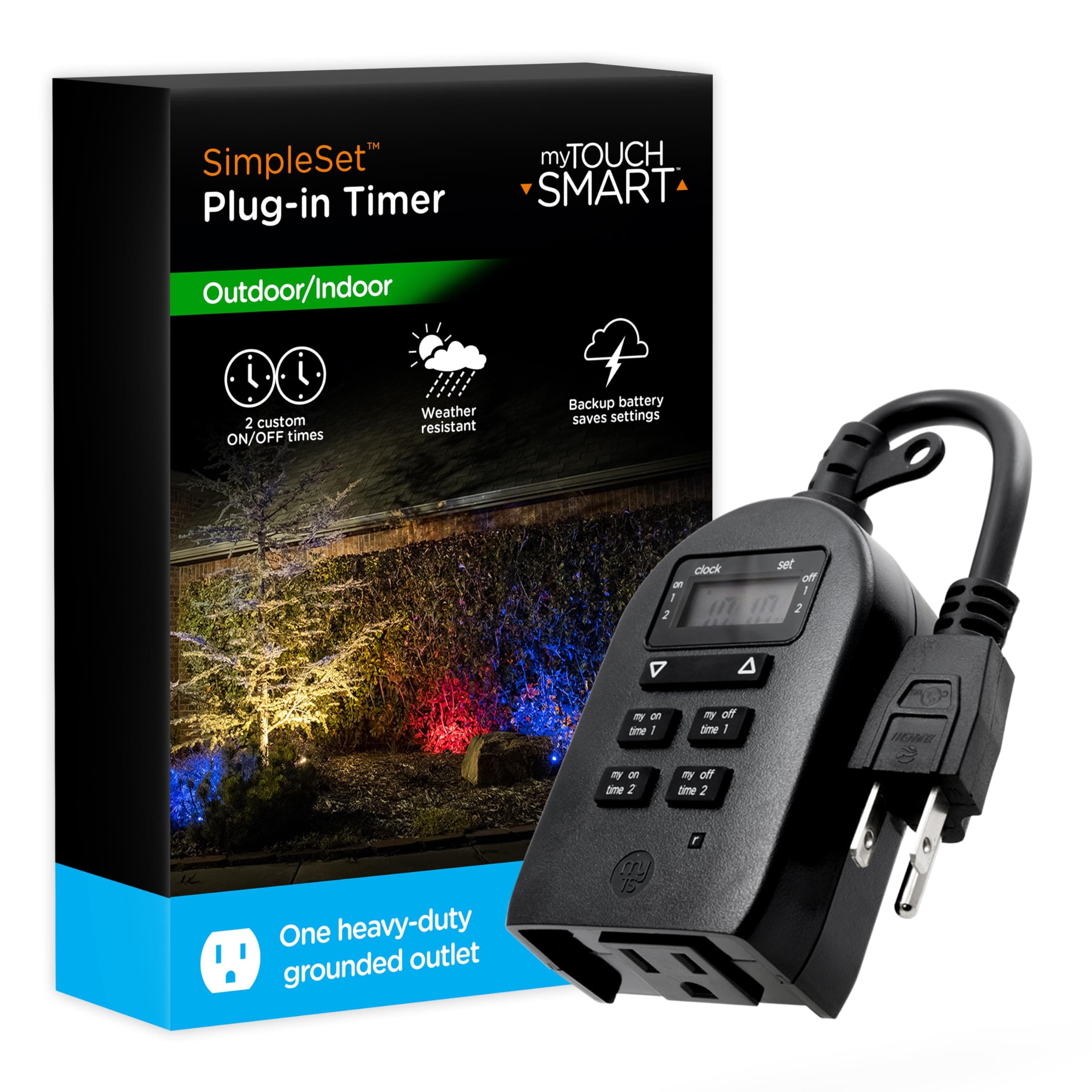 myTouchSmart, Single Plug-in Digital, Simple Programmable, Weather Resistant, Indoor/Outdoor Small Pump Timer, Seasonal Light Timer, Black, 1 Pack, 36027