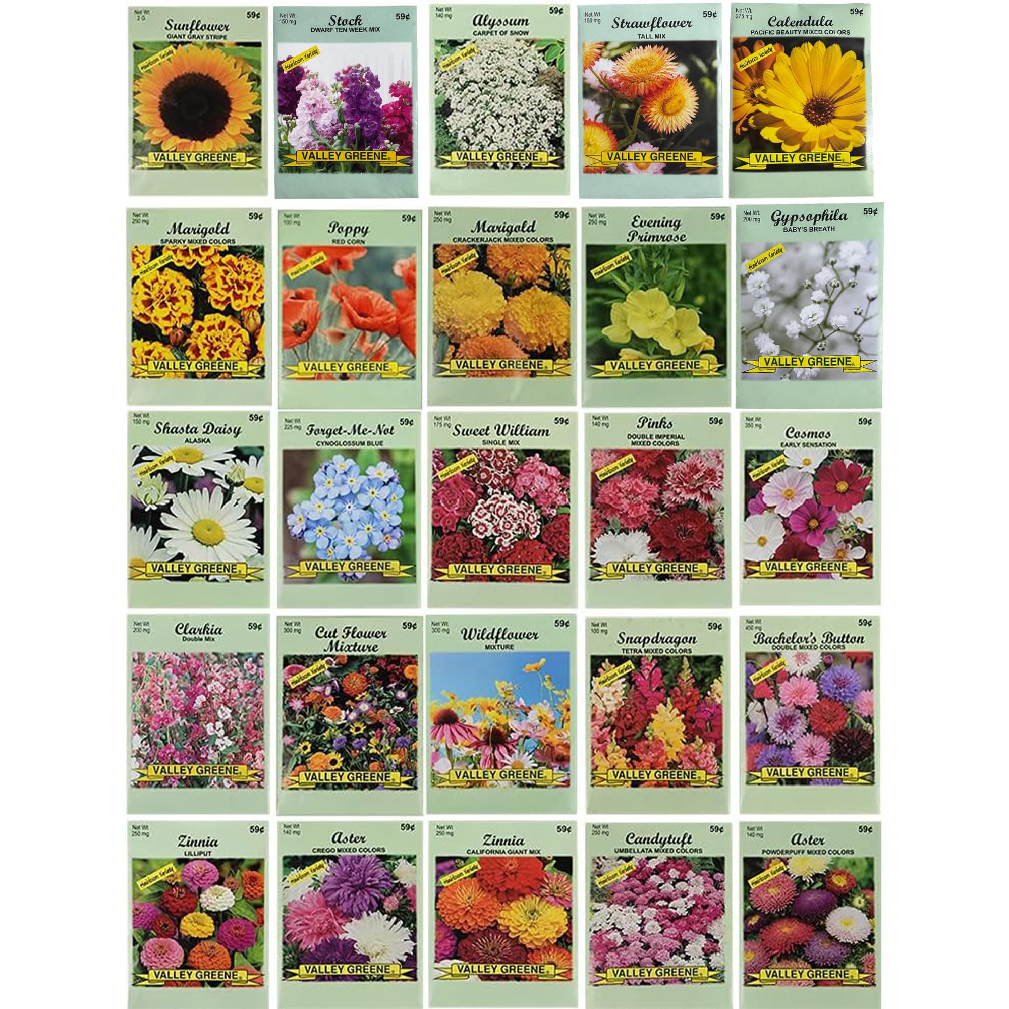 25 Slightly Assorted Flower Seed Packets - Includes 10+ Varieties - May Include: Forget Me Nots, Pinks, Marigolds, Zinnia, Wildflower, Poppy, Snapdragon and More - Made in the USA