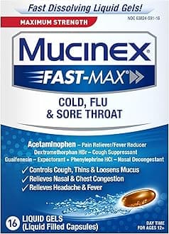 Fast-Max Maximum Strength Cold, Flu & Sore Throat, Multi-Symptom Relief, Pain Reliever, Fever Reducer, Cough Suppressant, Expectorant, Nasal Decongestant, 16 Liquid Gels