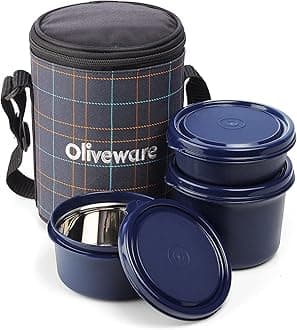 Oliveware Infinite Lunch Box, Microwave Safe & Leak Proof, 3 Inside Steel Containers with BPA Free Airtight Lids (290ml, 450ml & 600ml), Fabric Bag - Blue